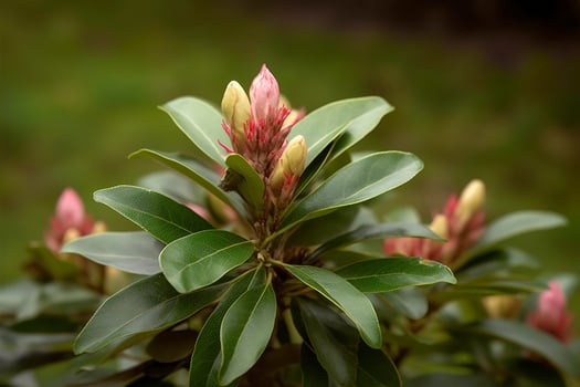 Rhododendron or Rosebay leaves and buds ready to open in spring garden, closeup. Ericaceae evergreen shrub, toxic leaves. Azalea, decorative shrubs, generate ai photo