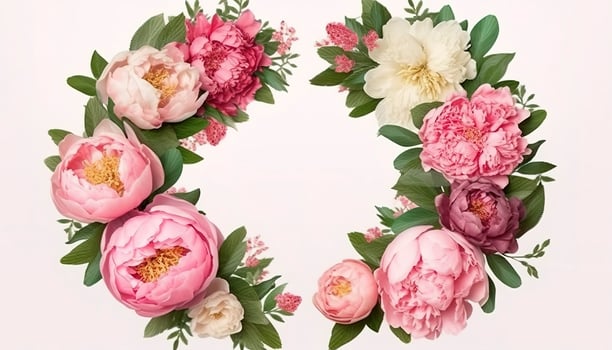 Wreath made of flowers. Floral round frame, wreath made of peonies flower buds and green leaves, botanical design, flat lay, top view, free space for text. image photo
