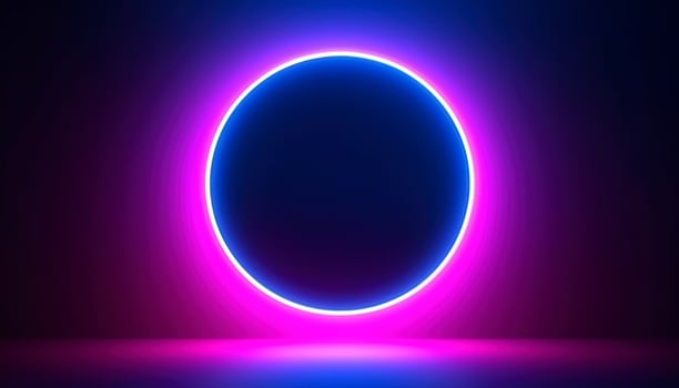 3d render, blue pink neon round frame, circle, ring shape, empty space, ultraviolet light, 80s retro style, fashion show stage, abstract background, generate ai photo