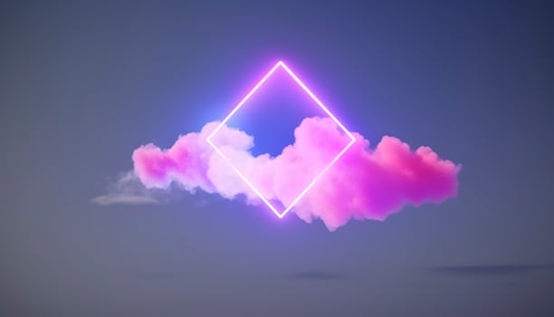 3d render, abstract minimal background with pink blue yellow neon light square frame with copy space, illuminated stormy clouds, glowing geometric shape, generate ai photo