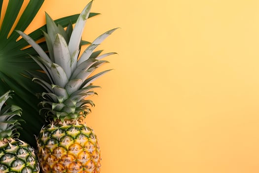 Beautiful pineapple on tropical palm monstera leaves isolated on bright pastel yellow background, top view, flat lay, overhead above summer fruit. , generate ai photo
