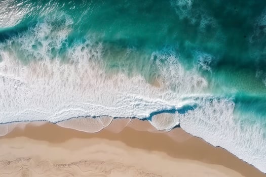 Ocean waves on the beach as a background. Beautiful natural summer vacation holidays background. Aerial top down view of beach and sea with blue water waves, generate ai photo