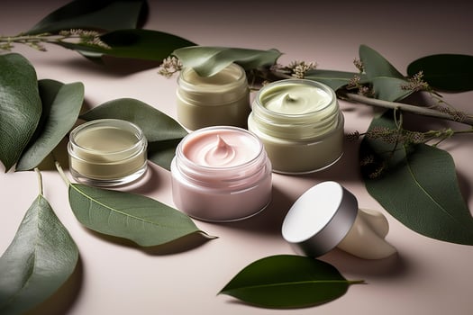 Eco friendly cosmetics decorated with green leaves, organic facial skincare, makeup and skin care cosmetic items. image. photo