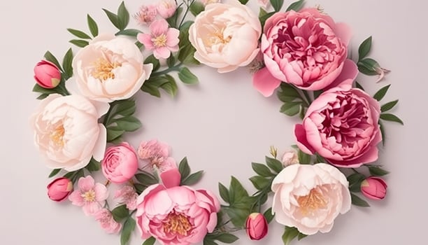 Wreath made of flowers. Floral round frame, wreath made of peonies flower buds and green leaves, botanical design, flat lay, top view, free space for text. image photo