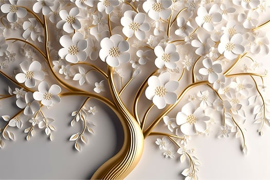3d wallpaper floral tree background with white flower leaves and golden stem. interior wall home decor, generate ai photo