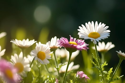 Sunny Close Up Of A Few Daisy Flowers On Flower Meadow , generate ai photo