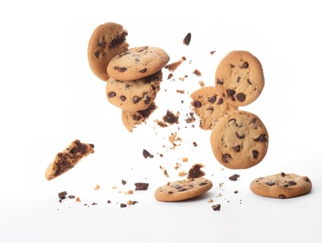 Tasty chocolate chip cookies falling isolated on white background, generate ai photo