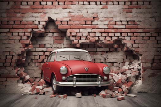 3d mural wallpaper broken wall bricks and a classic red car. world map in a colored background. for Childrens and kids bed room wallpaper, generate ai photo