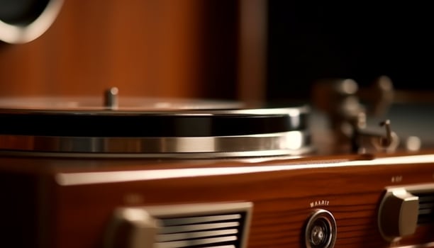 Spinning vinyl on vintage turntable at nightclub generated by AI photo