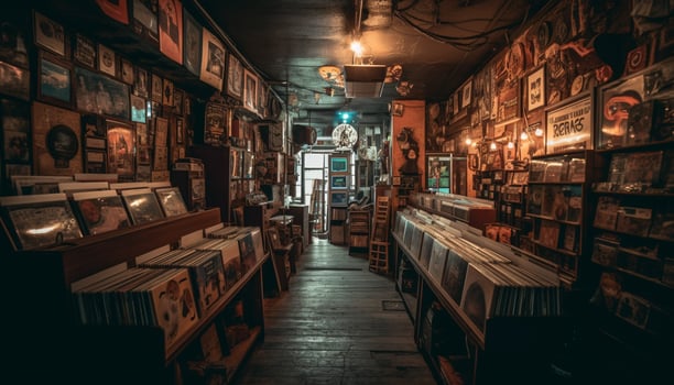 Antique books illuminated by old electric lamp generated by AI photo