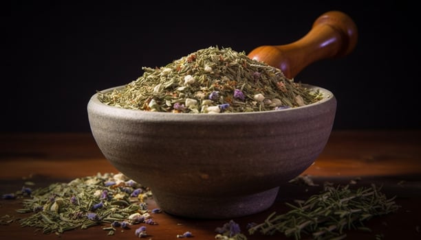 Healthy bowl of organic herbs and spices generated by AI photo