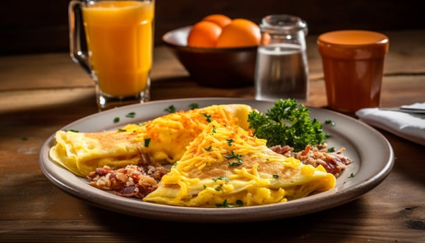 Gourmet brunch plate meat, eggs, veggies, freshness generated by AI photo