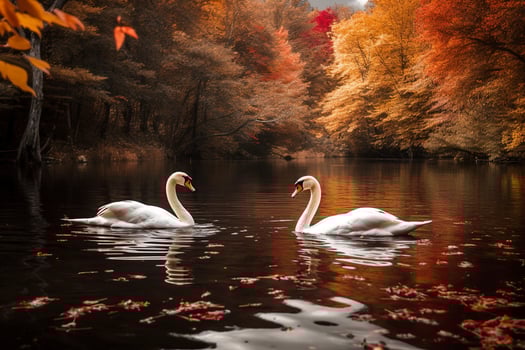 photograph of a pair of swans gracefully gliding on a tranquil lake, their necks elegantly intertwined to form a perfect heart shape , generate ai photo