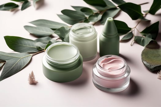 Eco friendly cosmetics decorated with green leaves, organic facial skincare, makeup and skin care cosmetic items. image. photo