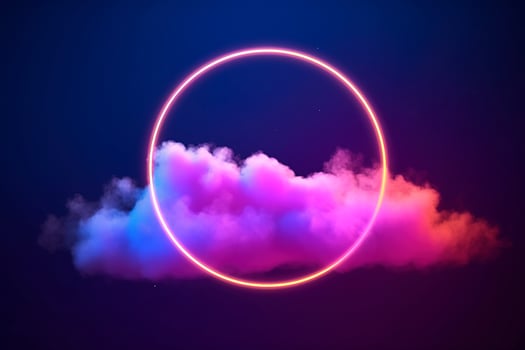 3d render, abstract cloud illuminated with neon light ring on dark night sky. Glowing geometric shape, round frame, generate ai photo