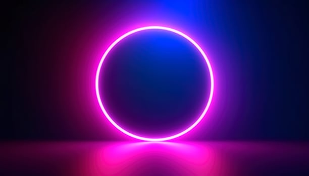 3d render, blue pink neon round frame, circle, ring shape, empty space, ultraviolet light, 80s retro style, fashion show stage, abstract background, generate ai photo