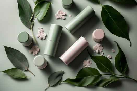 Eco friendly cosmetics decorated with green leaves, organic facial skincare, makeup and skin care cosmetic items. image. photo