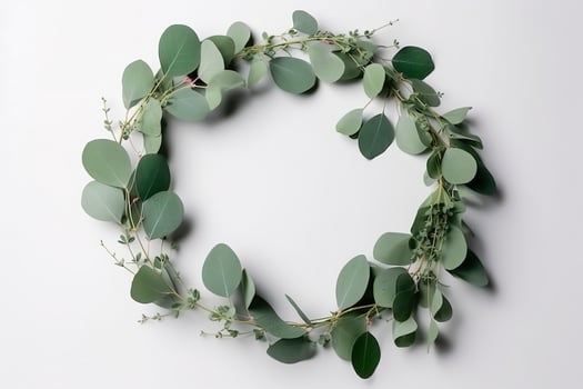 Wreath made of eucalyptus branches. Green floral frame made of eucalyptus leaves. Decorative wreath isolated on white. Minimal natural composition, botanical design, flat lay, top view. photo