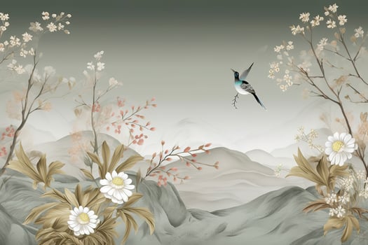3d floral mural wallpaper with a light simple background. branches of flowers, herbs, birds, and mountains. modern art for wall home decor, generate ai photo