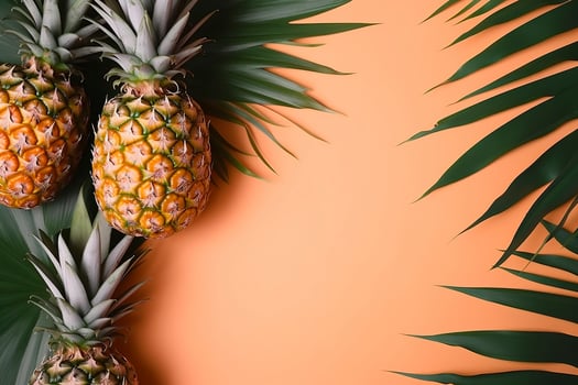 Top view of fresh pineapple with tropical leaves on pastel orange background. , generate ai photo