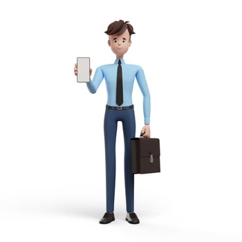 3D business man with a briefcase showing phone. Portrait of a funny cartoon guy in a shirt and tie. Character manager, director, agent, realtor. 3D illustration on white background. photo