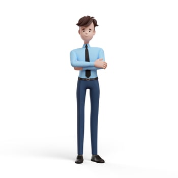 3D business man with cross hands. Portrait of a funny cartoon guy in a shirt and tie. Character manager, director, agent, realtor. 3D illustration on white background. photo