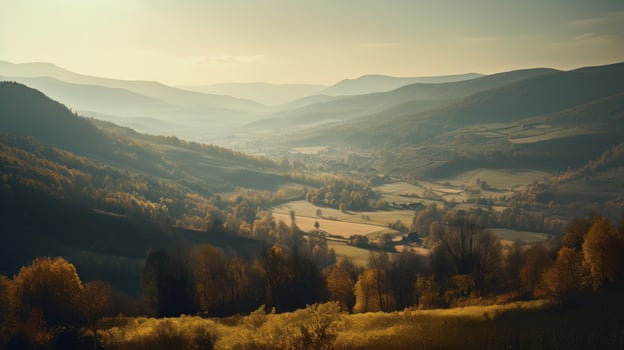 Image of mountain valley with mountains and a forest. . photo