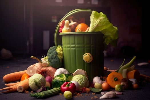 Uneaten unused spoiled vegetables thrown in the trash container. Food loss and food waste. Reducing wasted food, composting, rotten veggies in a trash. . photo