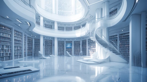 artificial intelligence white library classroom in space, a futuristic  library with a lot of books with natural light,  photorealistic 2050, generate ai photo