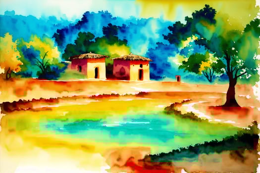 A watercolor town. Enchanting Mexican Delights. Watercolor Painting of a Vibrant Town. photo