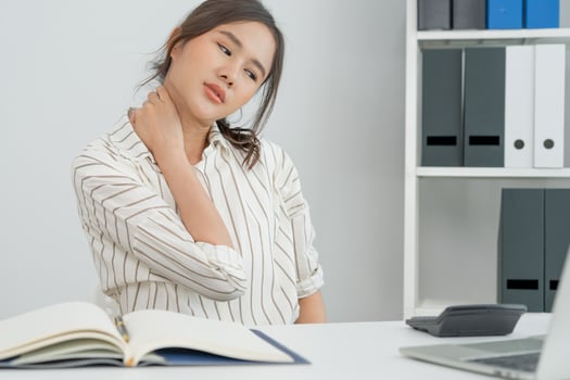 office syndromes, woman massaging neck pain due to work and using a computer, digital composite of a focused spine of neck pain and shoulder pain symptoms , injuries, health care, medical, myositis photo