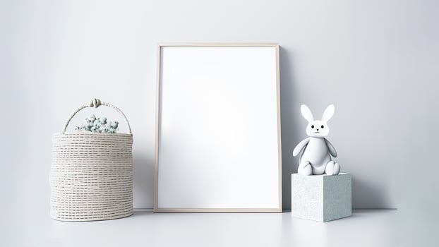 3D Render of Blank Frame With Cute Rabbit Character Podium And Basket On Grey Background. photo