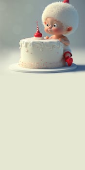 3D Render, Baby Birthday Cake With Toy On Glossy Light Gray Background. photo