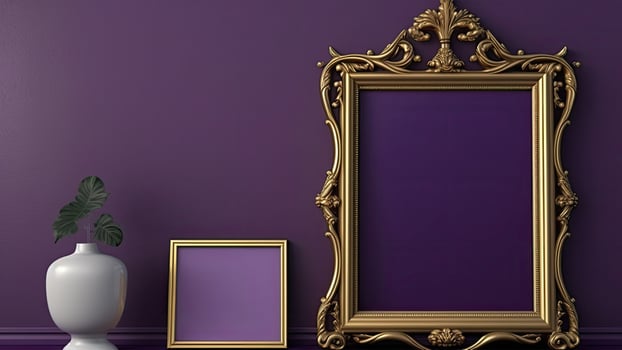 3D Render of Blank Golden Vintage Frames And Monstera Plant Pot On Purple Wall Background. photo