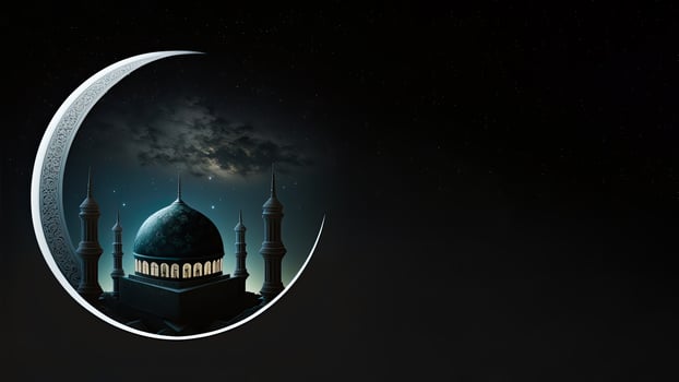 3D Render of Crescent Moon With Beautiful Mosque On Night Background. Islamic Religious Concept. photo