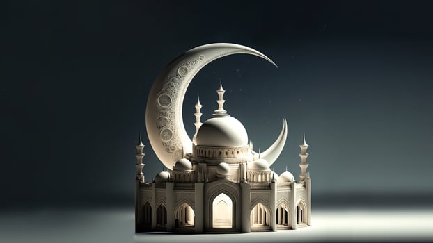 3D Render of Exquisite Mosque And Crescent Moon On Dark Background. Islamic Religious Concept. photo