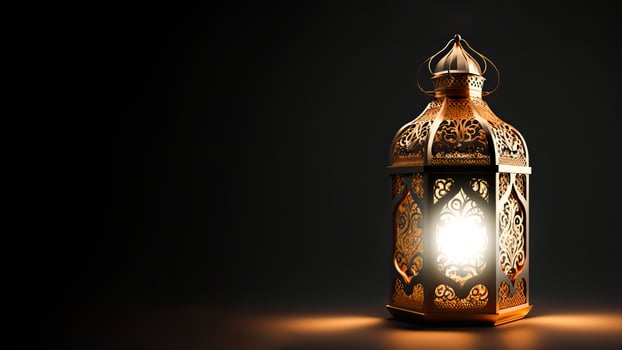 Realistic Illuminated Arabic Lantern On Dark Background. Islamic Religious Concept. 3D Render. photo