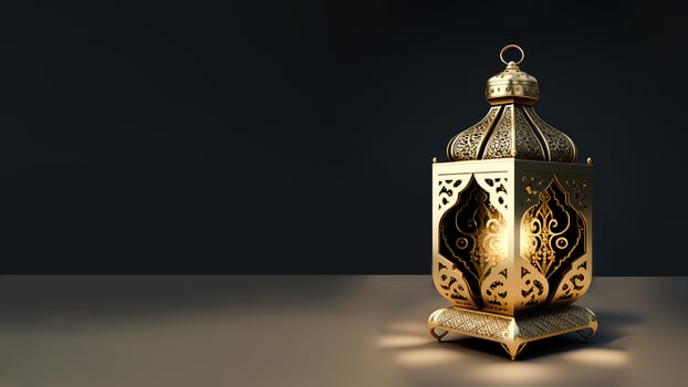 Realistic Illuminated Arabic Lantern On Background. Islamic Religious Concept. 3D Render. photo