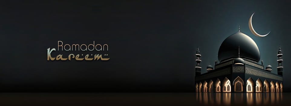 Ramadan Kareem Banner Design, 3D Render of Exquisite Mosque With Crescent Moon In Night. photo