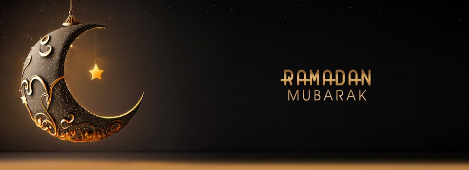 Ramadan Mubarak Banner Design With Golden Glittery Text, 3D Render of Exquisite Crescent Moon And Hanging Golden Shiny Star. photo
