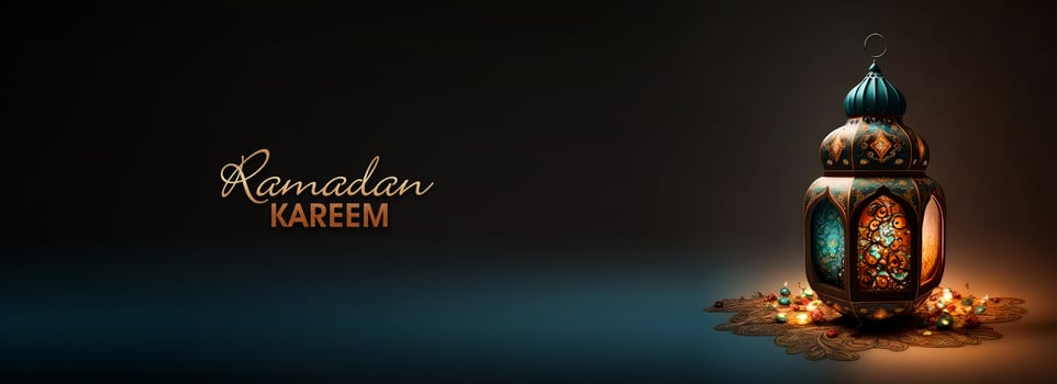 Ramadan Kareem Banner Design With Golden Glittery Text, 3D Render of Illuminated Arabic Lamp On Dark Background. photo