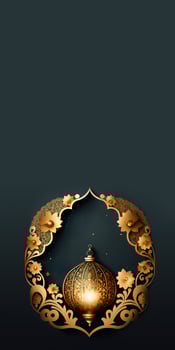 3D Render Of Arabic Lantern Hang And Golden Islamic Frame With Copy Space. Islamic Religious Concept. photo