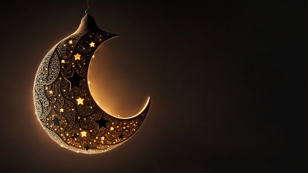 3D Render of Hanging Exquisite Carved Moon With Star On Dark Background. Islamic Religious Concept. photo