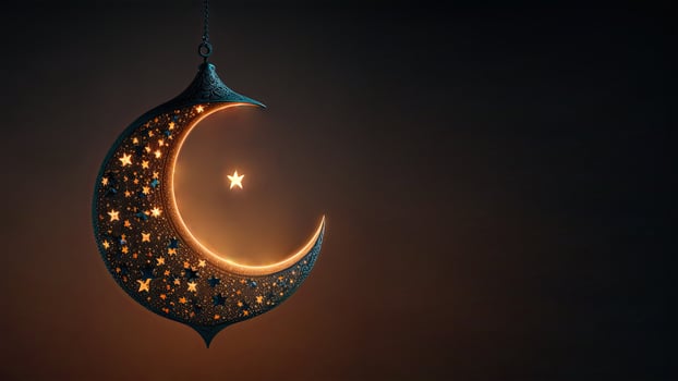 3D Render of Hanging Exquisite Carved Moon With Star On Dark Background. Islamic Religious Concept. photo