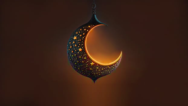 3D Render of Hanging Exquisite Shiny Carved Moon With Stars On Dark Background. Islamic Religious Concept. photo