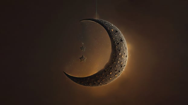 3D Render of Hanging Exquisite Shiny Carved Moon With Stars On Black Background. Islamic Religious Concept. photo