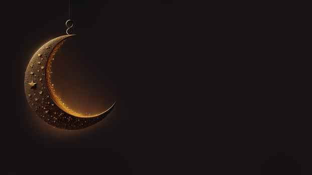 3D Render of Hanging Exquisite Crescent Moon With Stars On Black Background. Islamic Religious Concept. photo