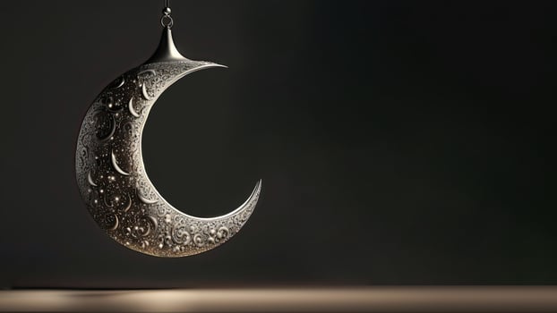 3D Render of Silver Exquisite Crescent Moon Hang On Black Background. Islamic Religious Concept. photo