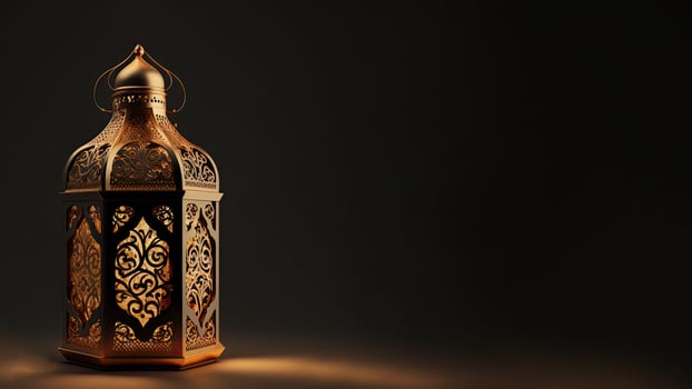 Realistic Illuminated Arabic Lantern On Black Background. Islamic Religious Concept. 3D Render. photo