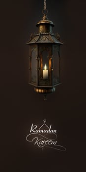 Ramadan Kareem Vertical Banner Design With 3D Render of Illuminated Arabic Lamp Hang. photo